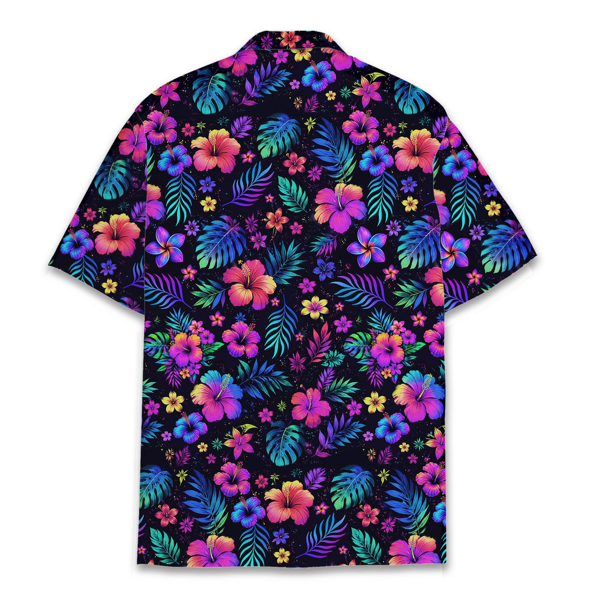 Back view of the matching family hawaiian shirt featuring hibiscus and palm leaves
