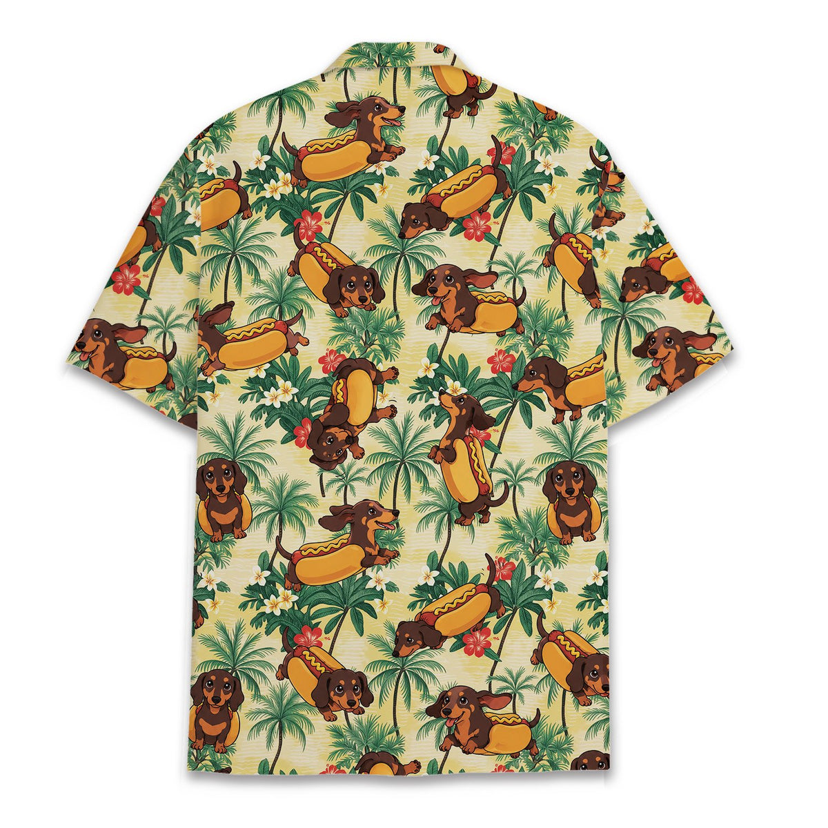 Back view of the yellow matching family hawaiian shirt with dog pattern