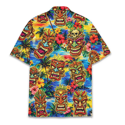 Back view of the tropical floral hawaiian shirt displaying tiki masks and ocean sunset