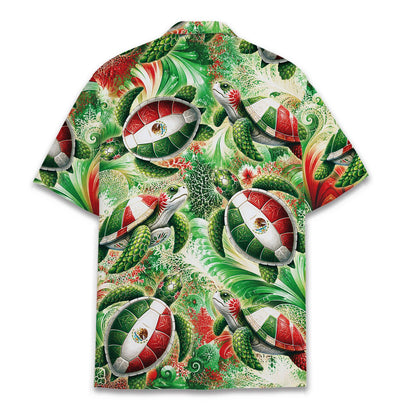 Back view of the tropical floral hawaiian shirt with sea turtle motifs
