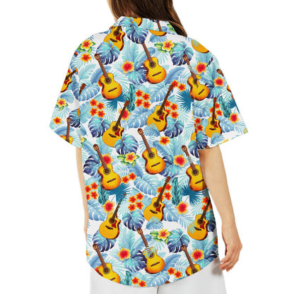 Back view of the tropical floral hawaiian shirt with guitars and hibiscus