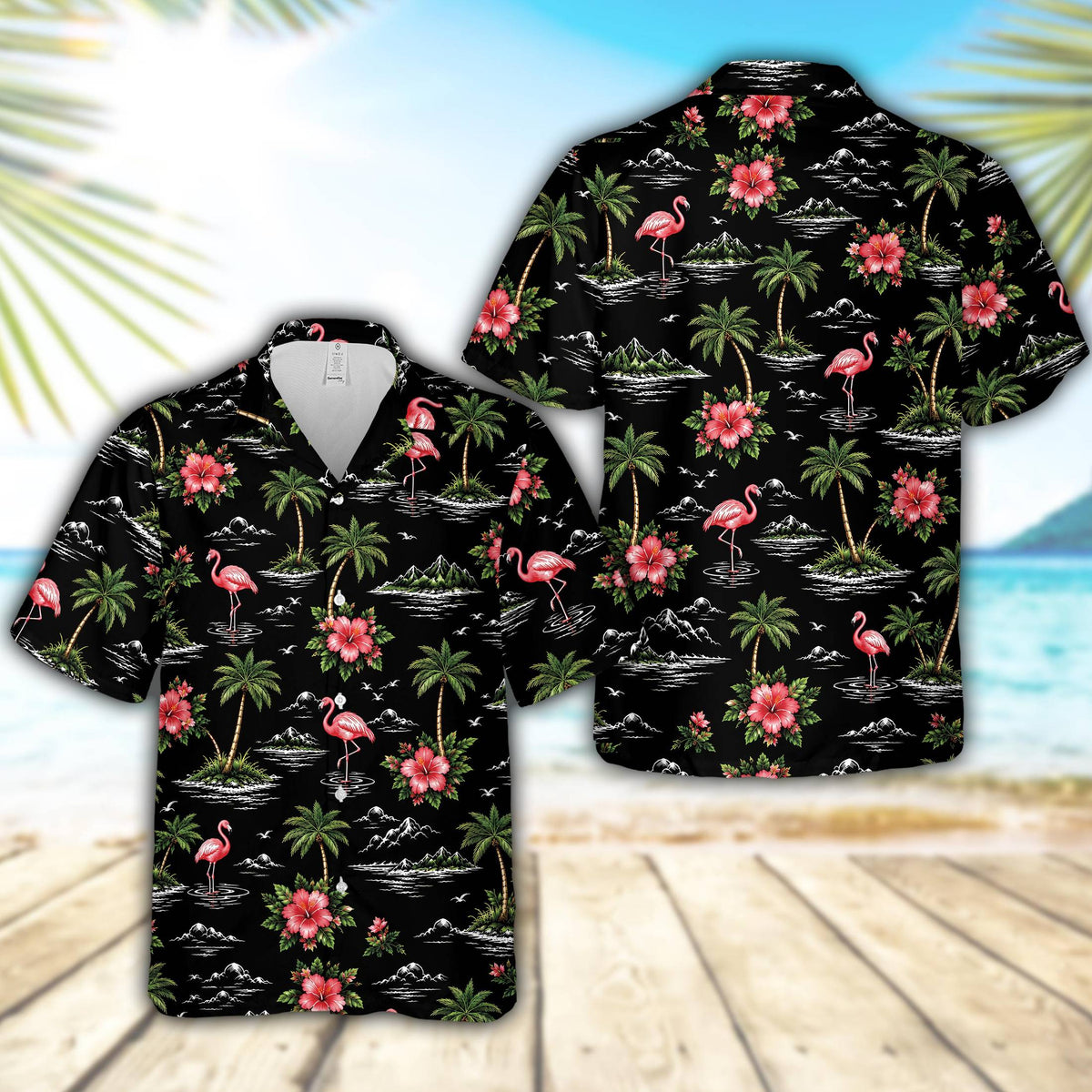 Womens floral hawaiian shirt with pink flamingos and hibiscus on a black background, front view