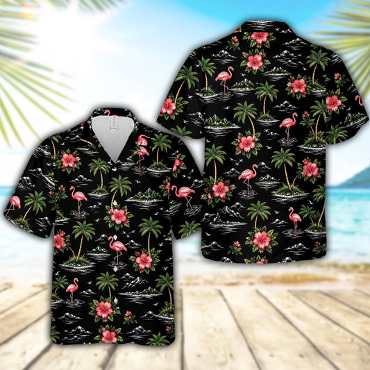 Womens floral hawaiian shirt with pink flamingos and hibiscus on a black background, main view