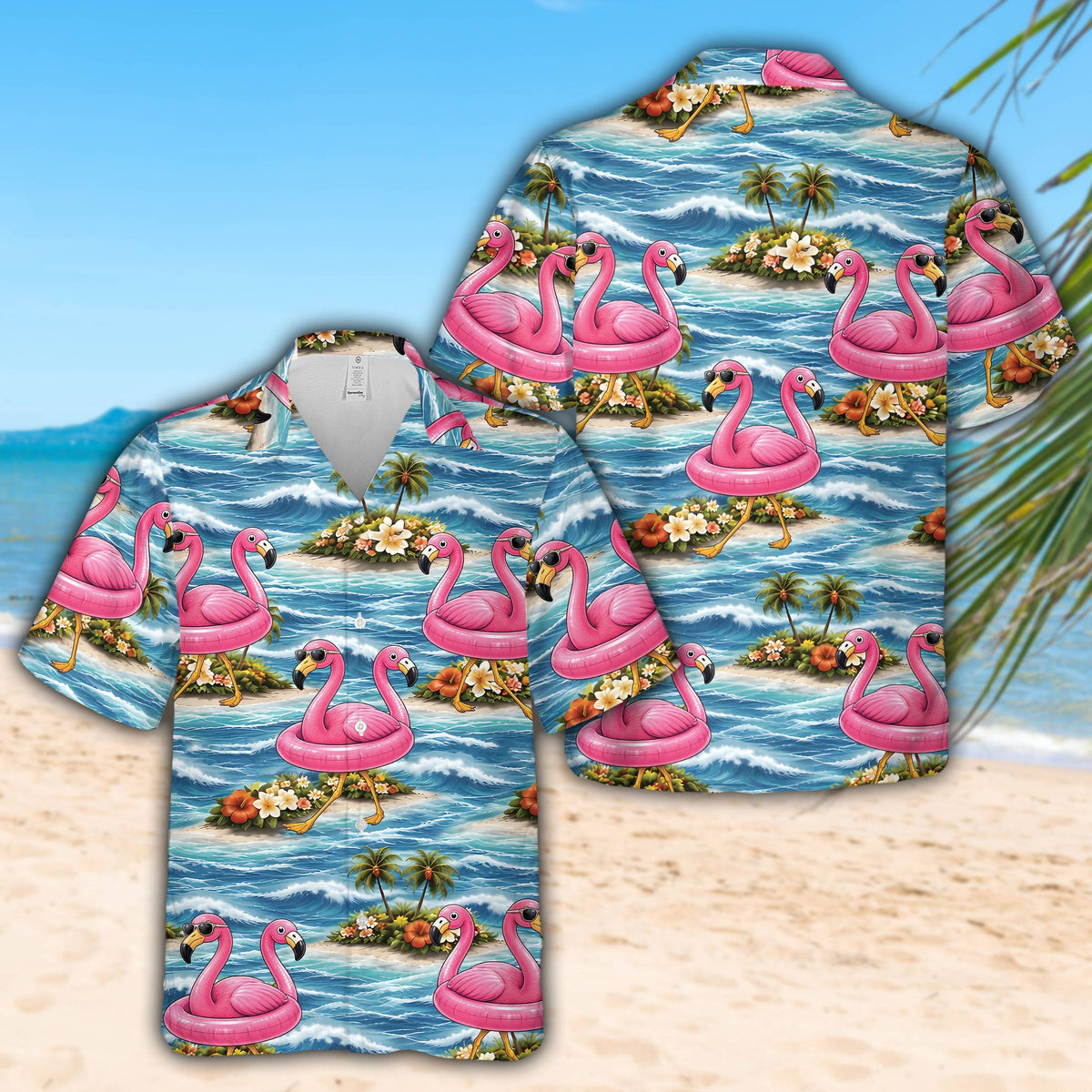Main view of the tropical floral hawaiian shirt with pink flamingos and blue ocean waves