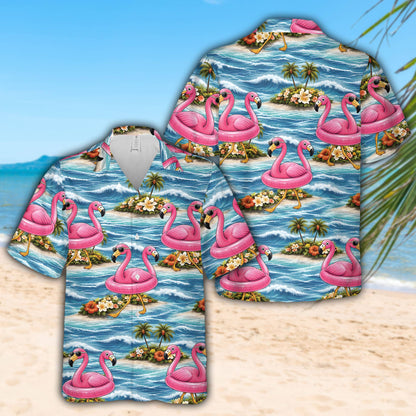 Main view of the tropical floral hawaiian shirt with pink flamingos and blue ocean waves