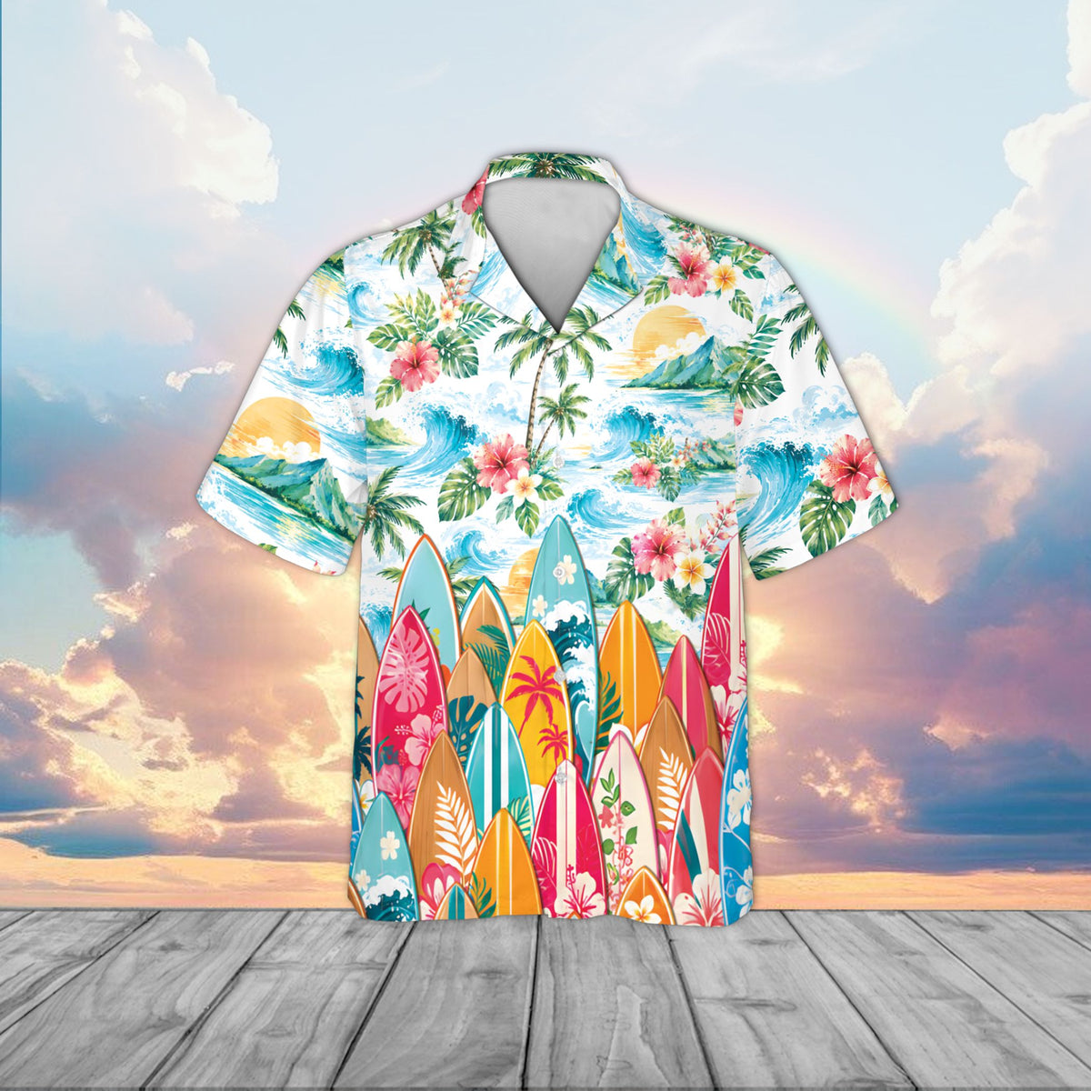 Matching family hawaiian shirt featuring colorful surfboards and ocean waves, front view