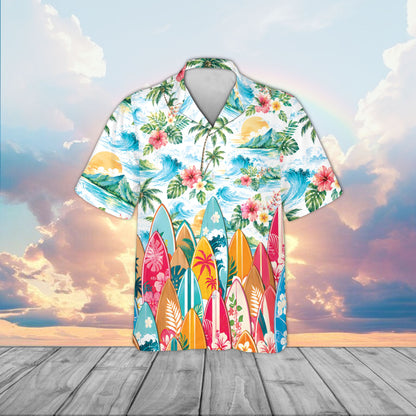 Matching family hawaiian shirt featuring colorful surfboards and ocean waves, front view
