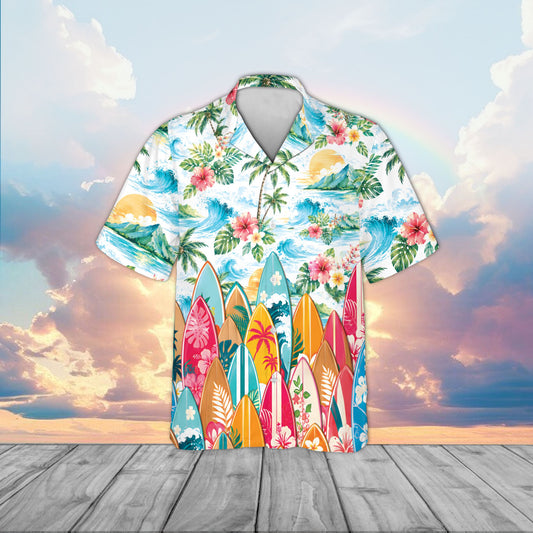 White tropical floral hawaiian shirt with vibrant surfboards and palm trees, front view