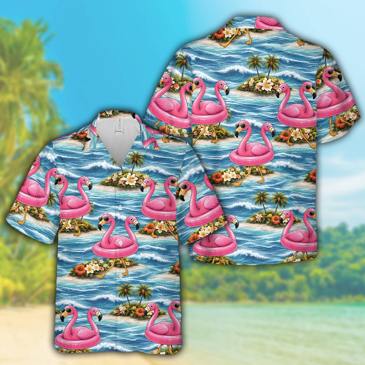 Front view showing the detailed pattern of pink flamingos and palm trees on the shirt