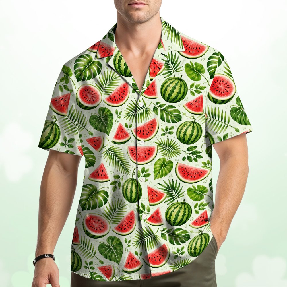Alternative front view of the watercolor watermelon hawaiian shirt