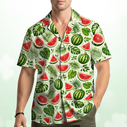 Alternative front view of the watercolor watermelon hawaiian shirt