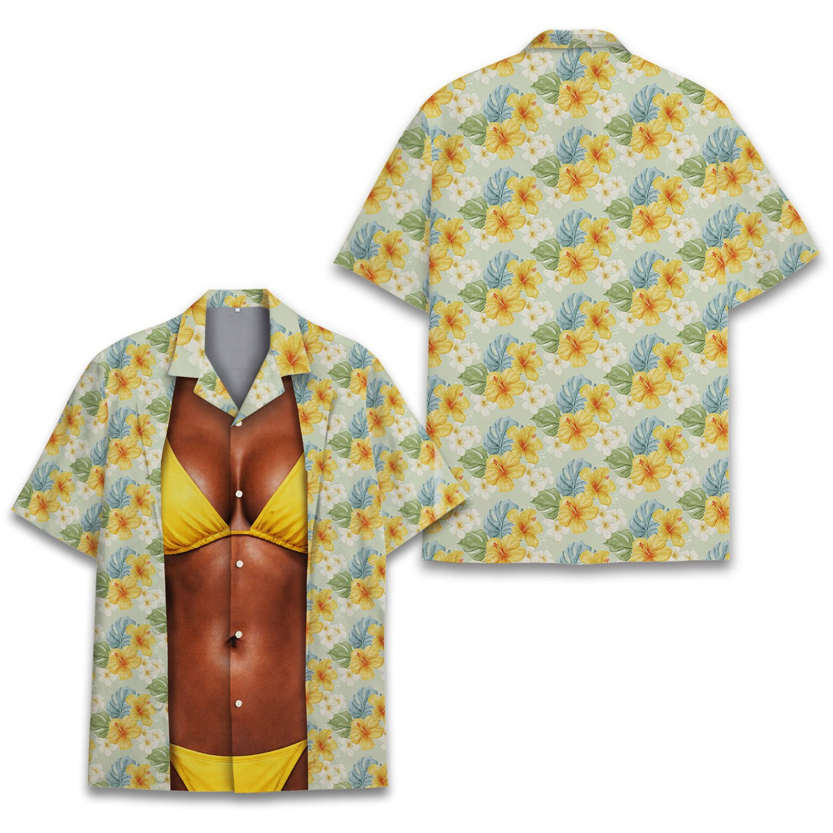 Tropical floral hawaiian shirt with bikini illusion design, additional front view