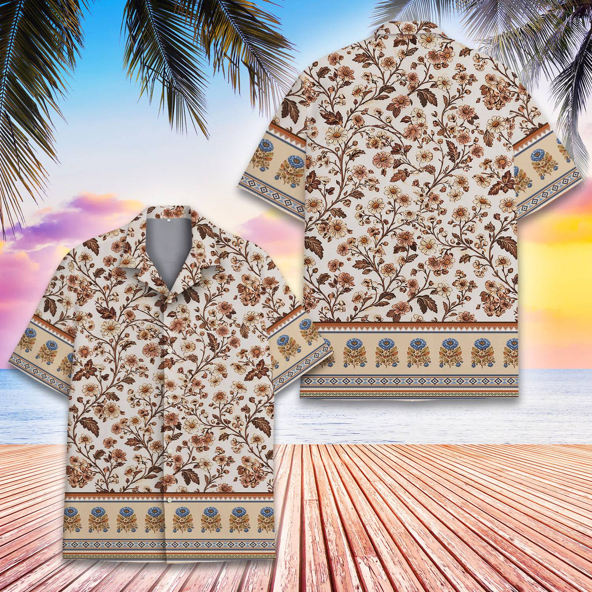 Additional front view highlighting the tropical floral pattern and button-down style