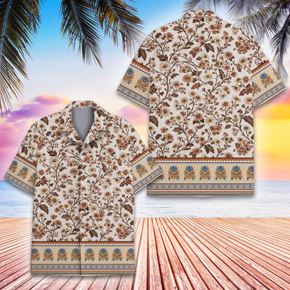 Additional front view highlighting the tropical floral pattern and button-down style