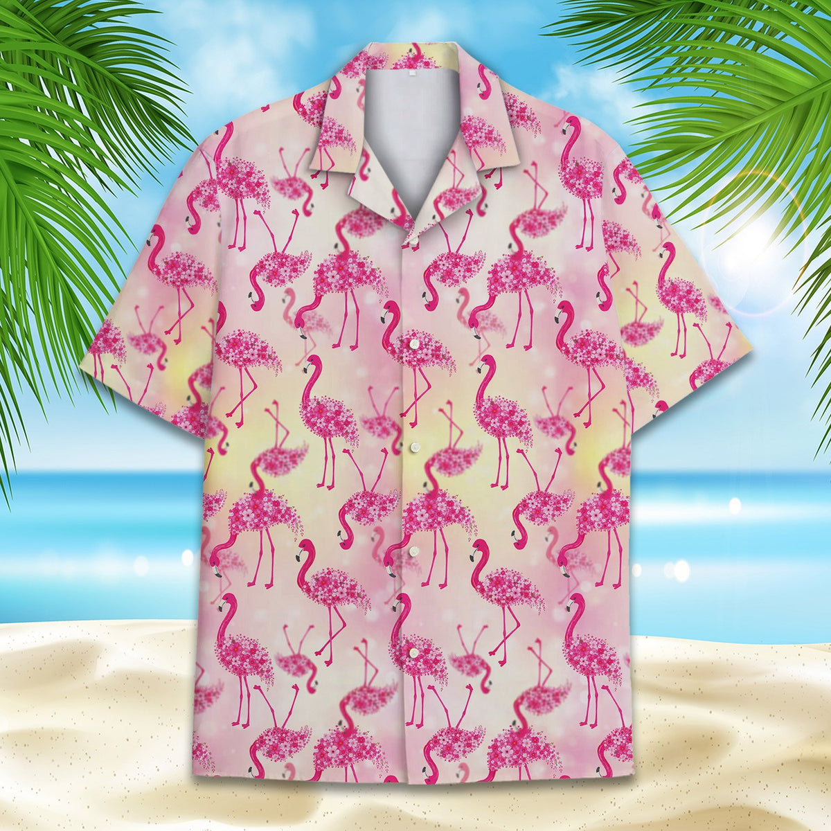 Close-up front view of the floral flamingo design on the hawaiian shirt
