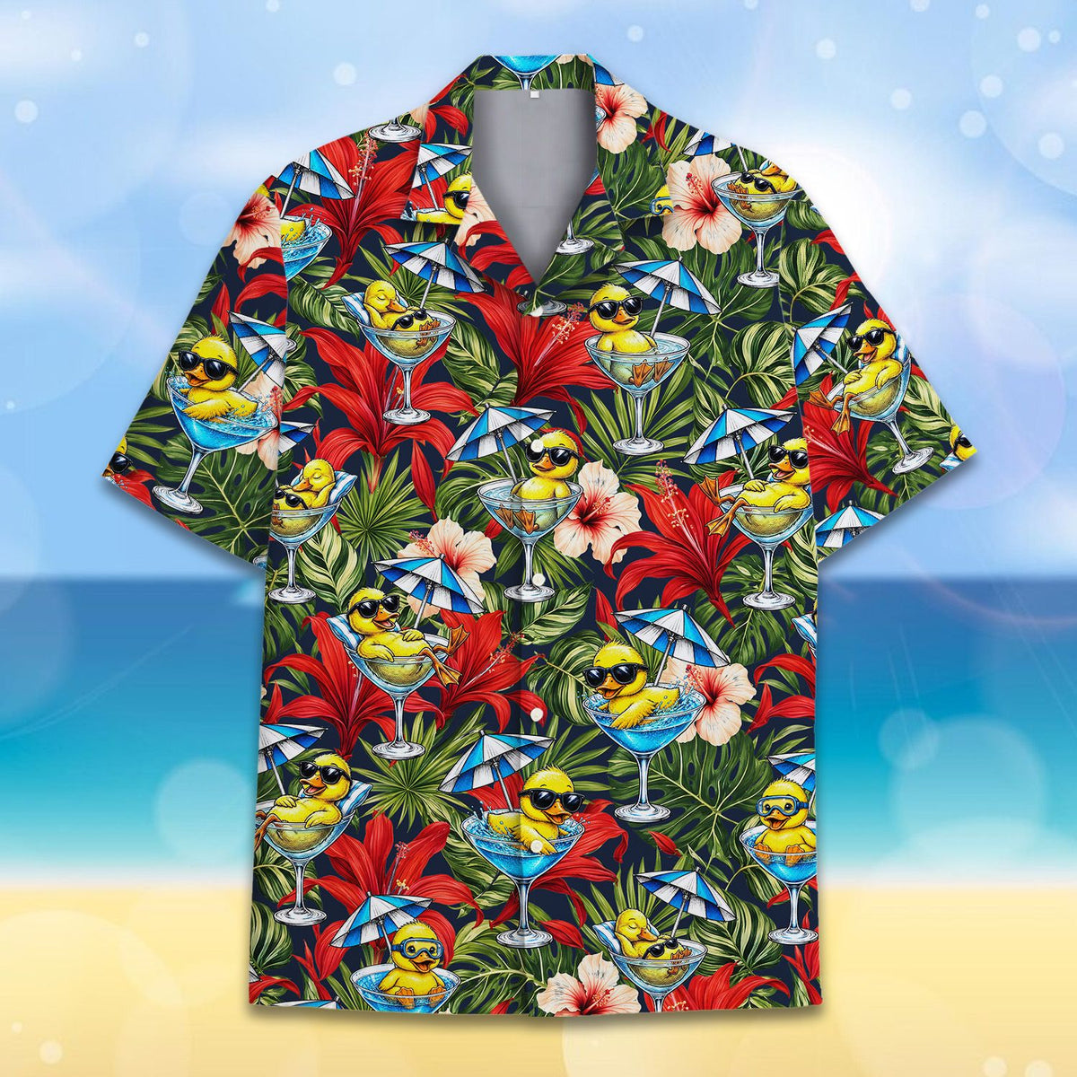 Close up front view of the tropical hawaiian shirt pattern