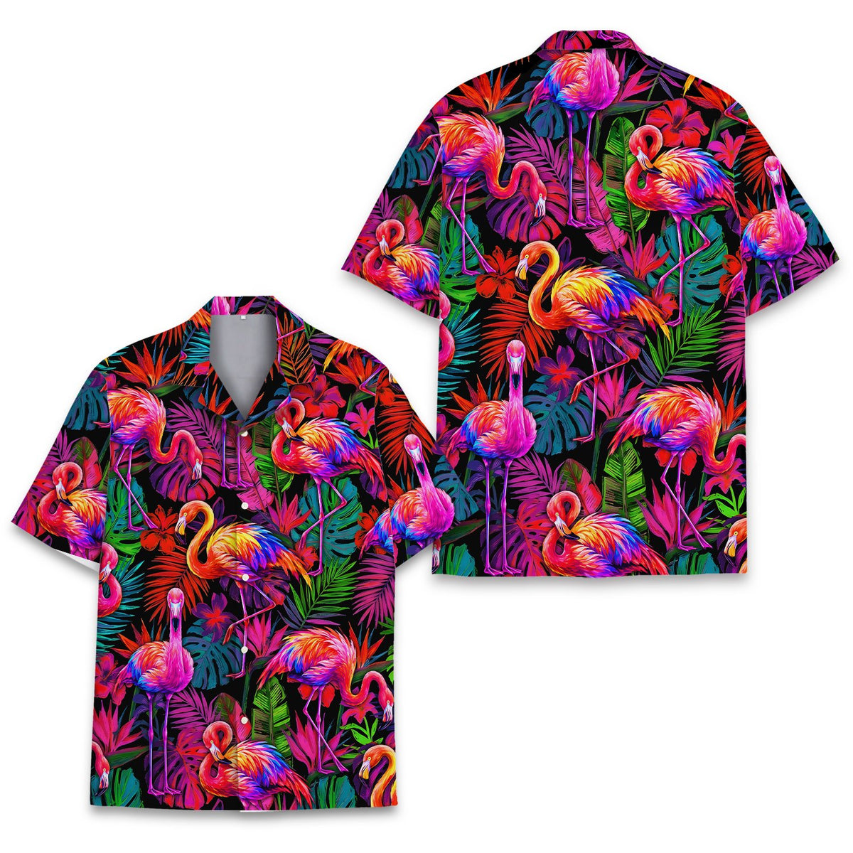Detailed front view of the black tropical floral hawaiian shirt