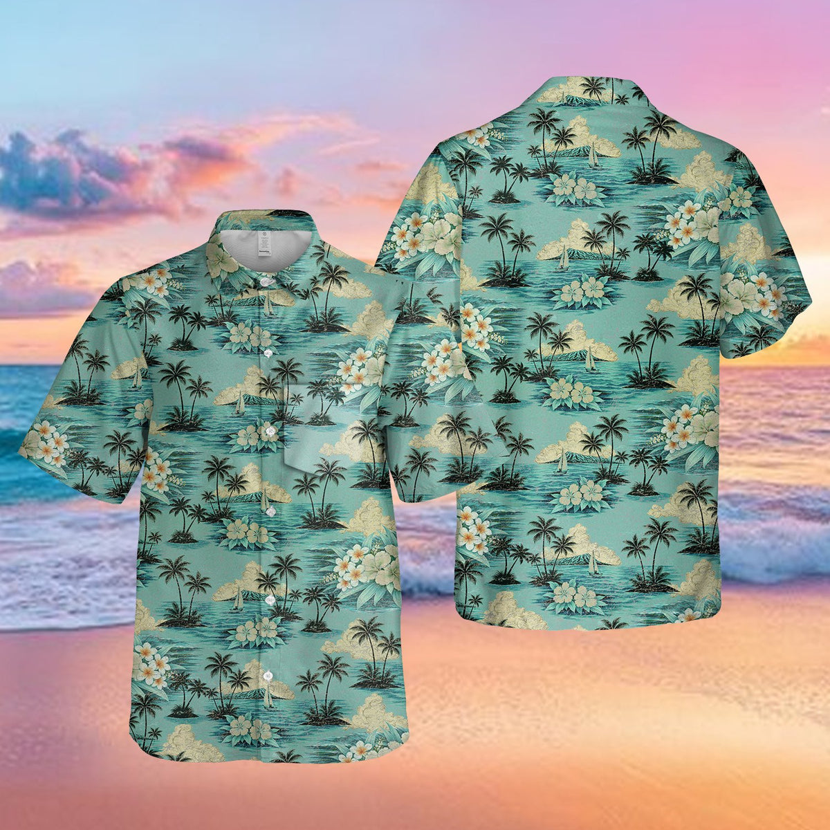 Detailed front view of the teal matching family hawaiian shirt