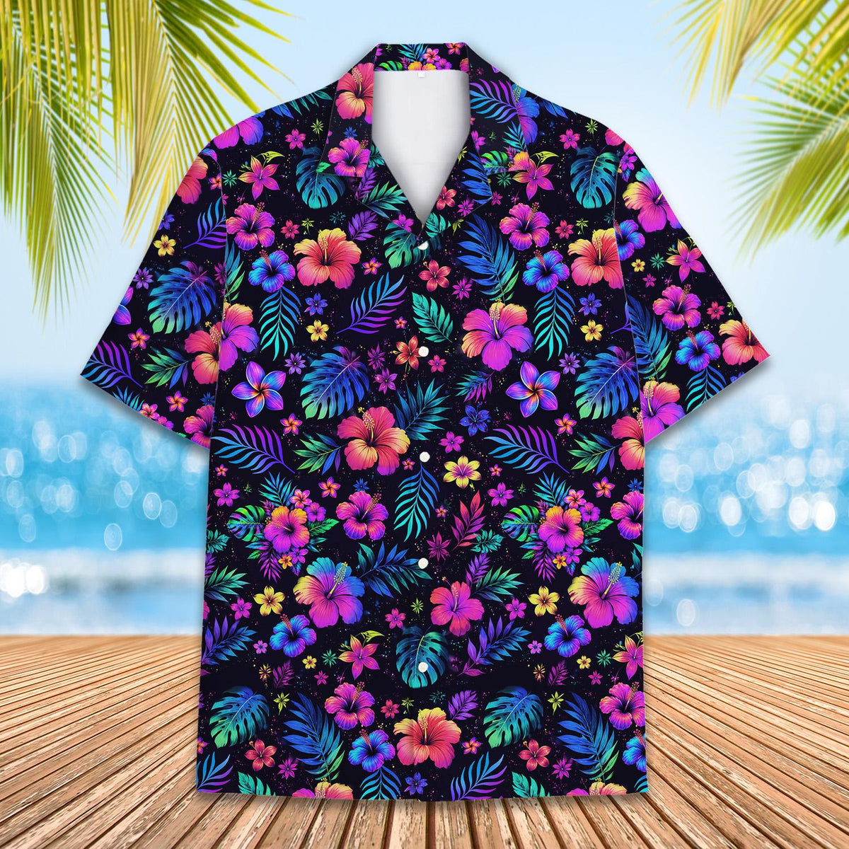 Front detail view of the tropical floral hawaiian shirt for family matching