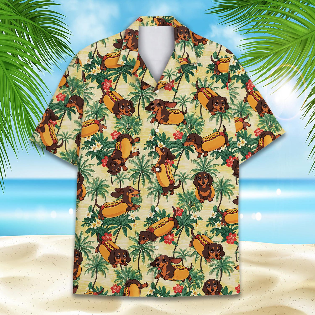 Close-up front view of the yellow tropical floral hawaiian shirt details