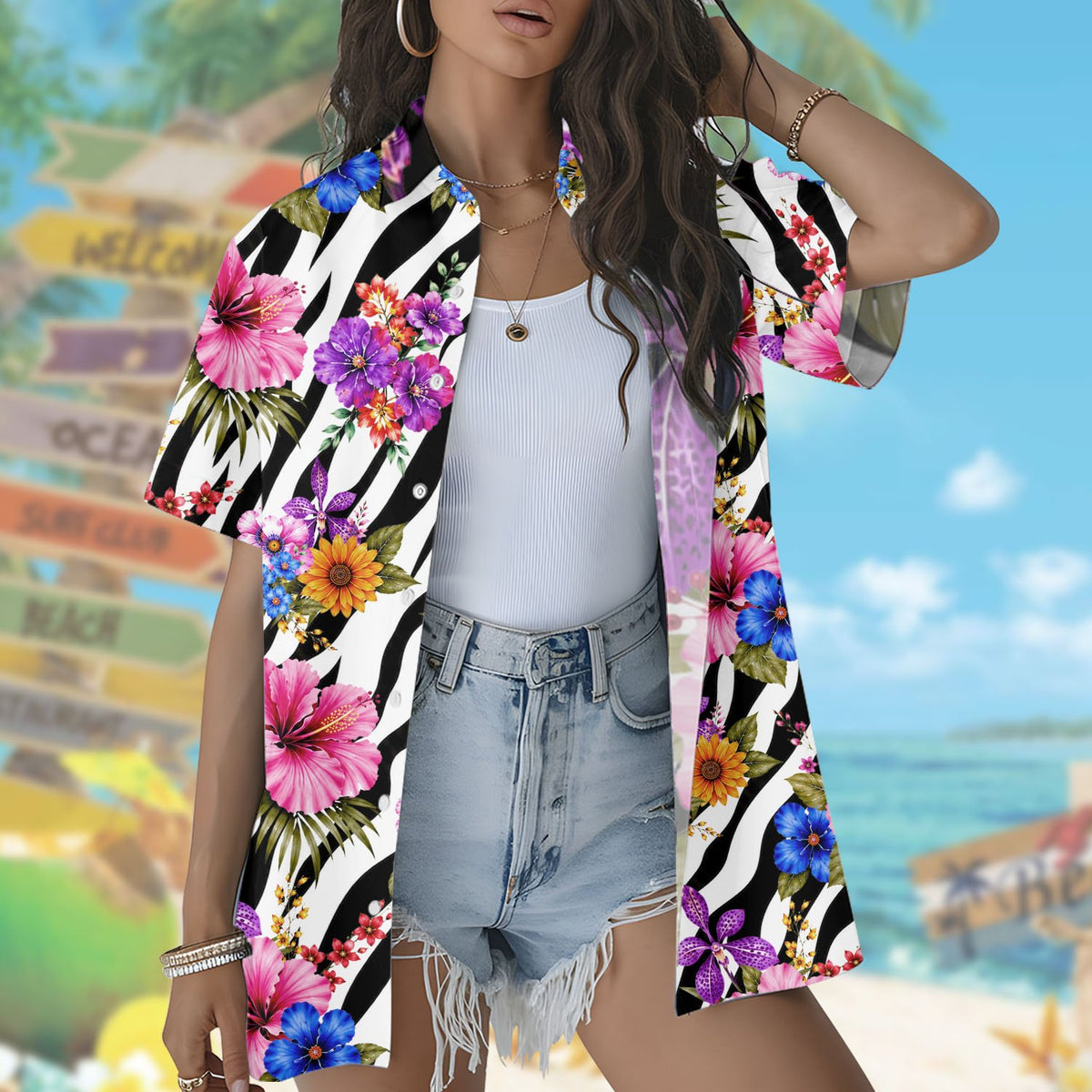 Tropical floral Hawaiian shirt with zebra stripes and pink hibiscus, alternate front view