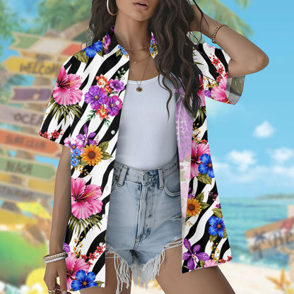 Tropical floral Hawaiian shirt with zebra stripes and pink hibiscus, alternate front view