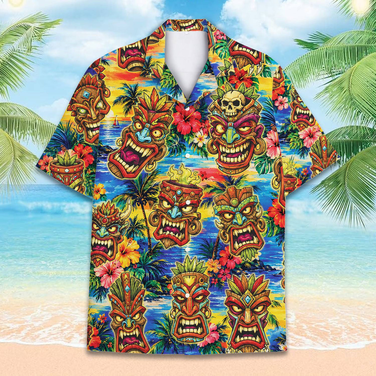 Front flat lay of the matching family hawaiian shirt in tropical floral print