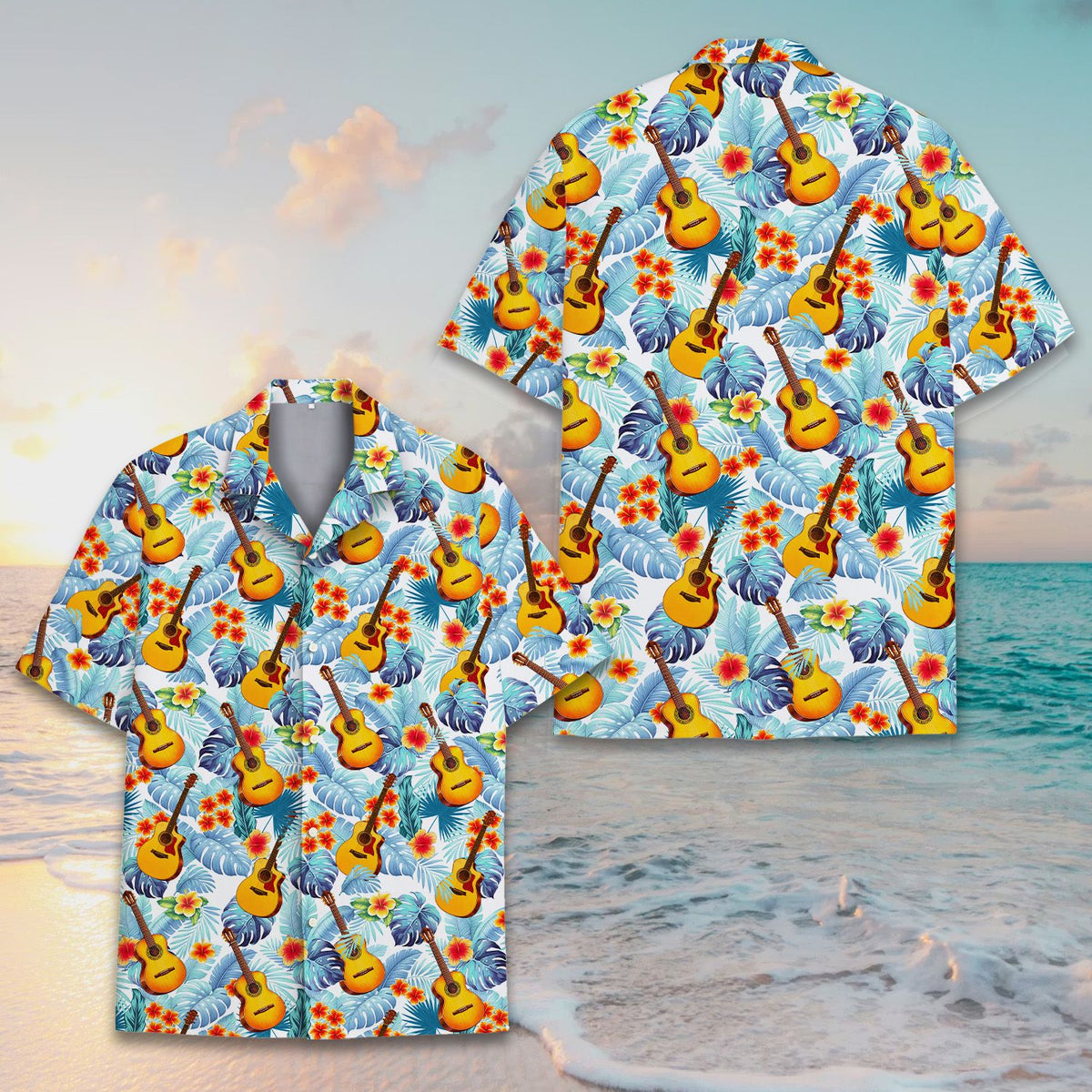 Close up front view of the tropical floral hawaiian shirt pattern
