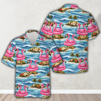 Front view of the blue and pink tropical floral hawaiian shirt