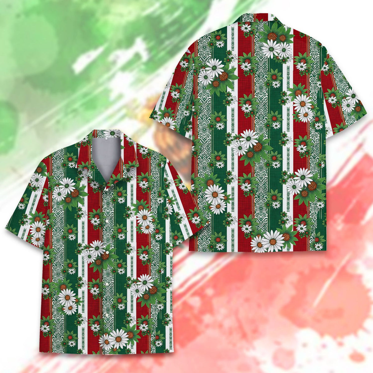 Matching family hawaiian shirts in black with neon prints, alternate front view 2