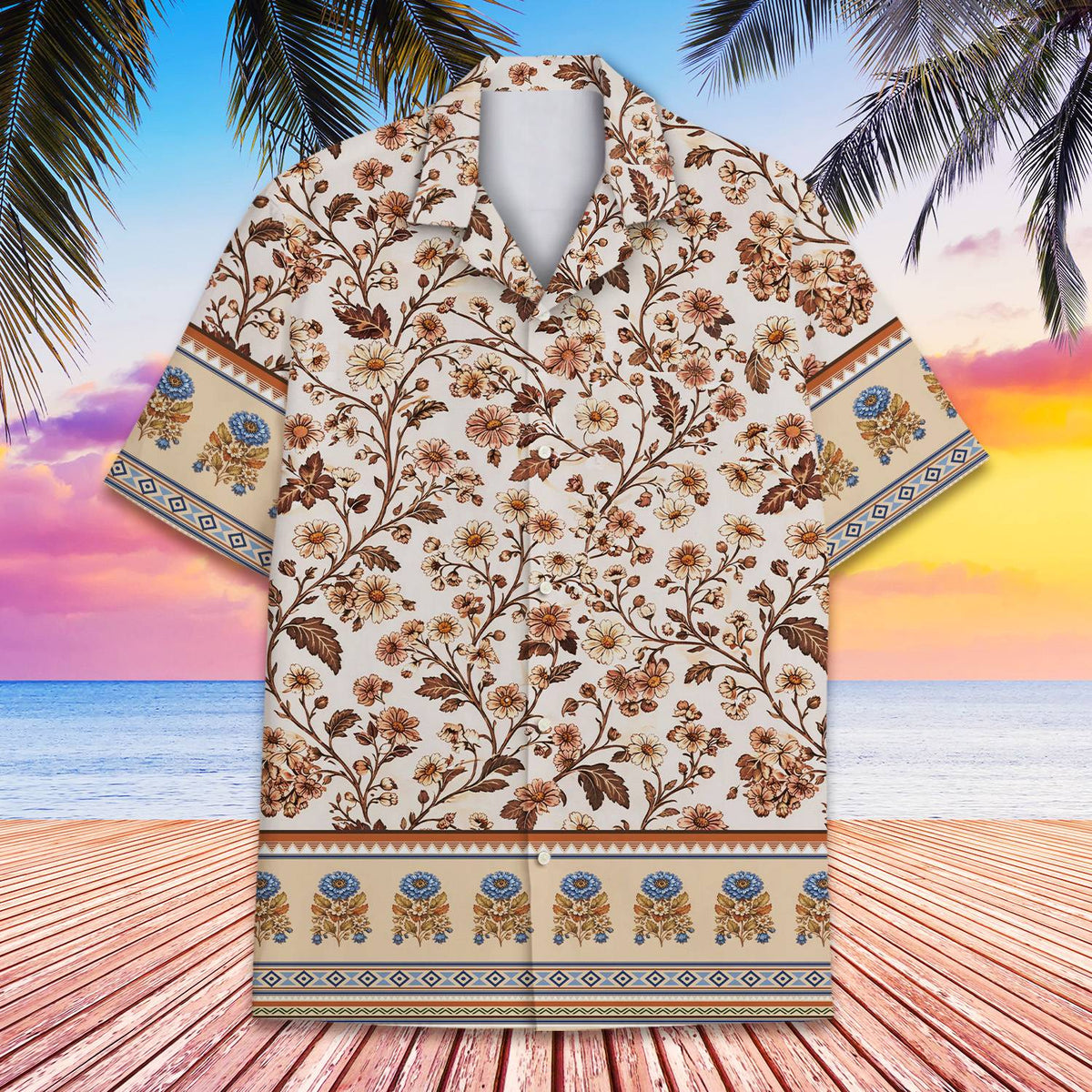 Close-up front view of the floral hawaiian shirt collar and chest pattern