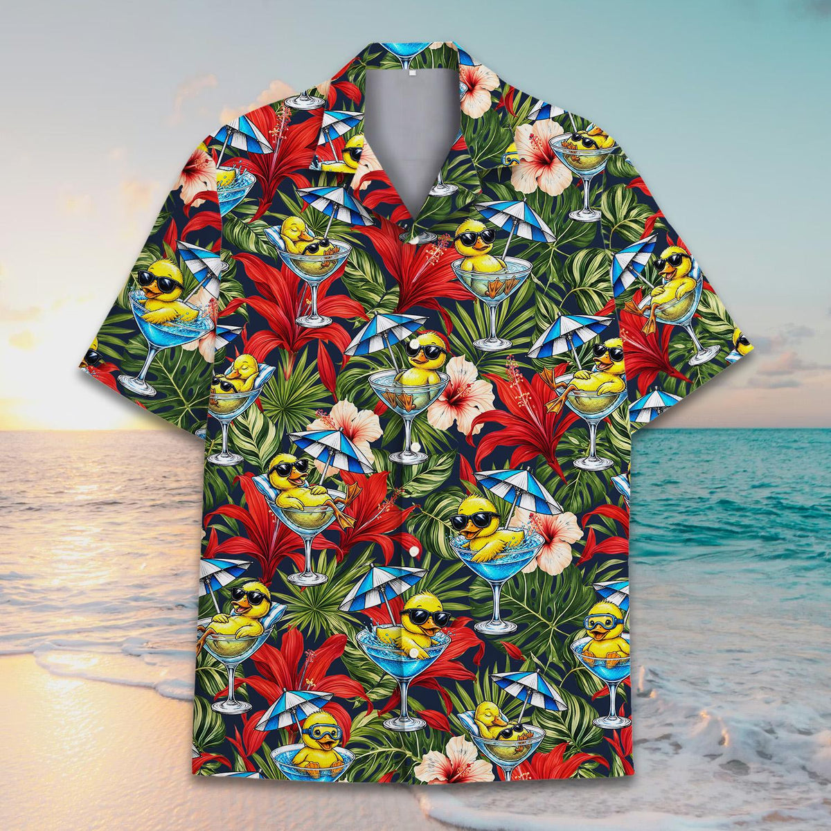 Detailed front view of the floral print hawaiian shirt