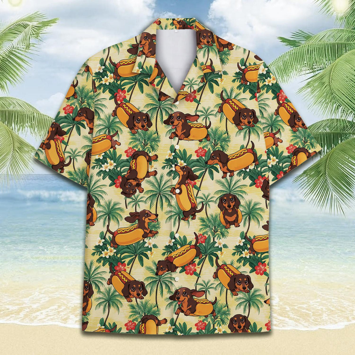 Detailed front view of the hot dog dachshund pattern on the hawaiian shirt