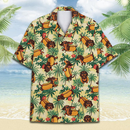 Detailed front view of the hot dog dachshund pattern on the hawaiian shirt