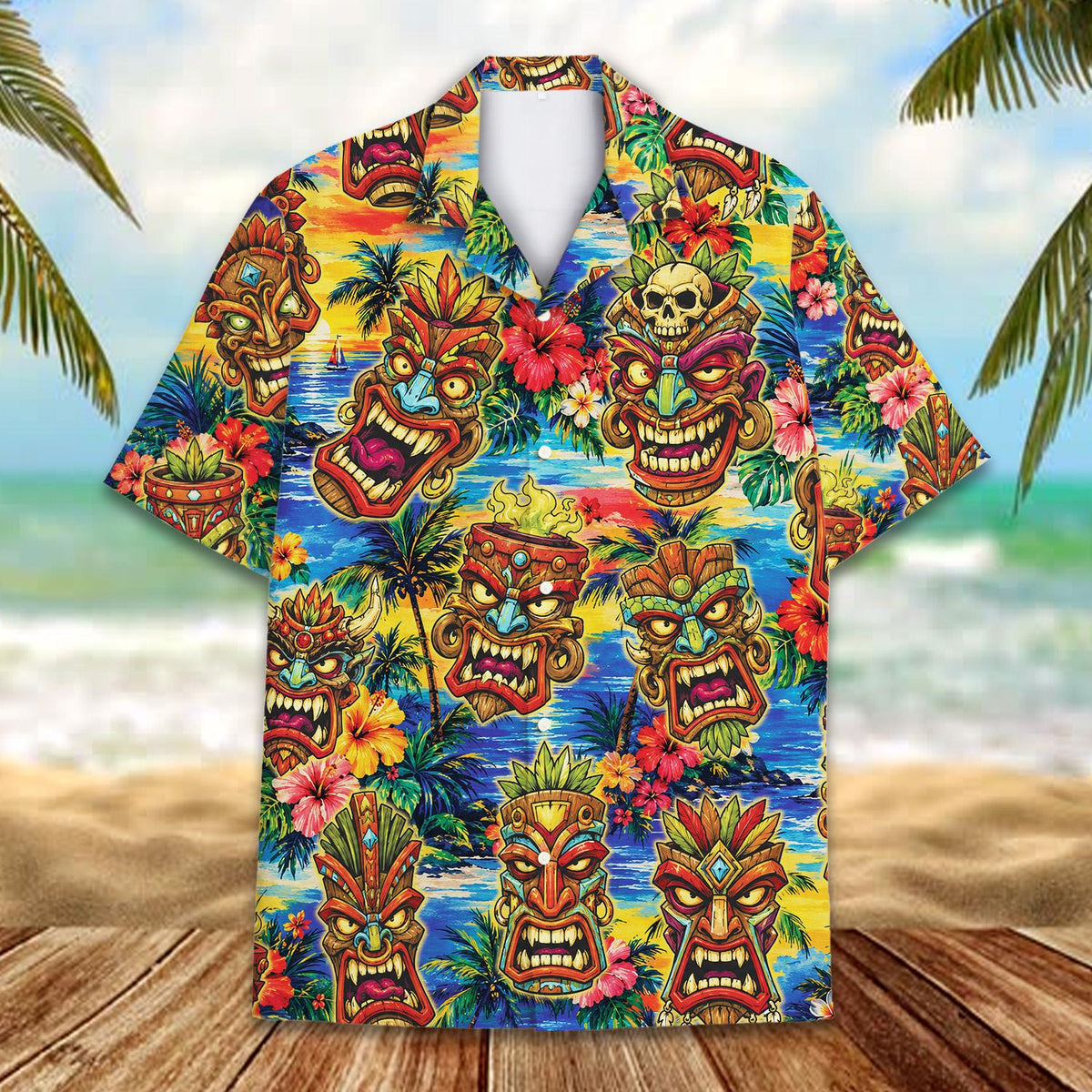 Close up front view of the tropical tiki mask hawaiian shirt