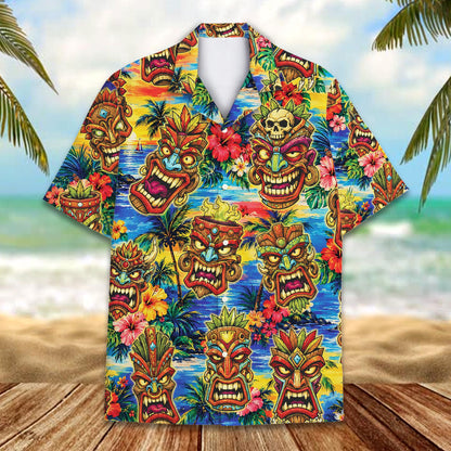 Close up front view of the tropical tiki mask hawaiian shirt