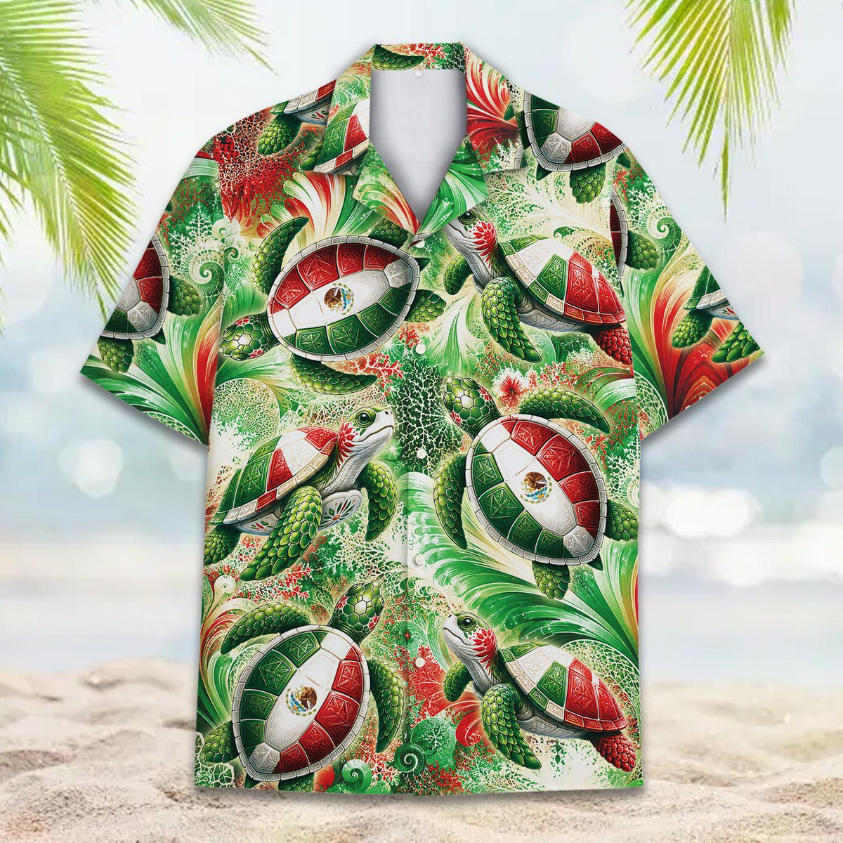 Detailed front view showing the Mexican flag turtle shells on the shirt