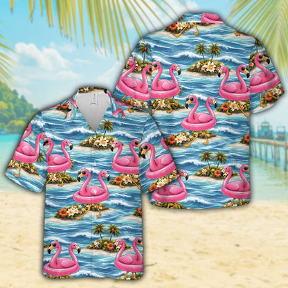 Front view of the button-down hawaiian shirt featuring sunglasses-wearing flamingos