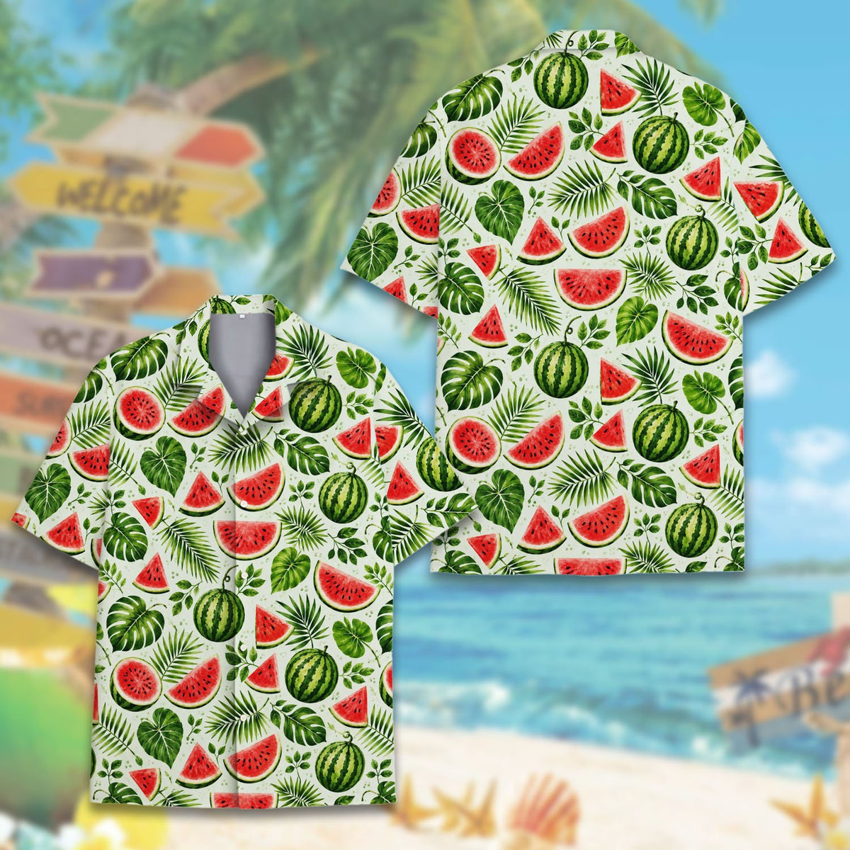 Another front display of the green and red watermelon hawaiian shirt
