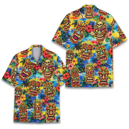 Detailed front view showing hibiscus and sunset on the hawaiian shirt