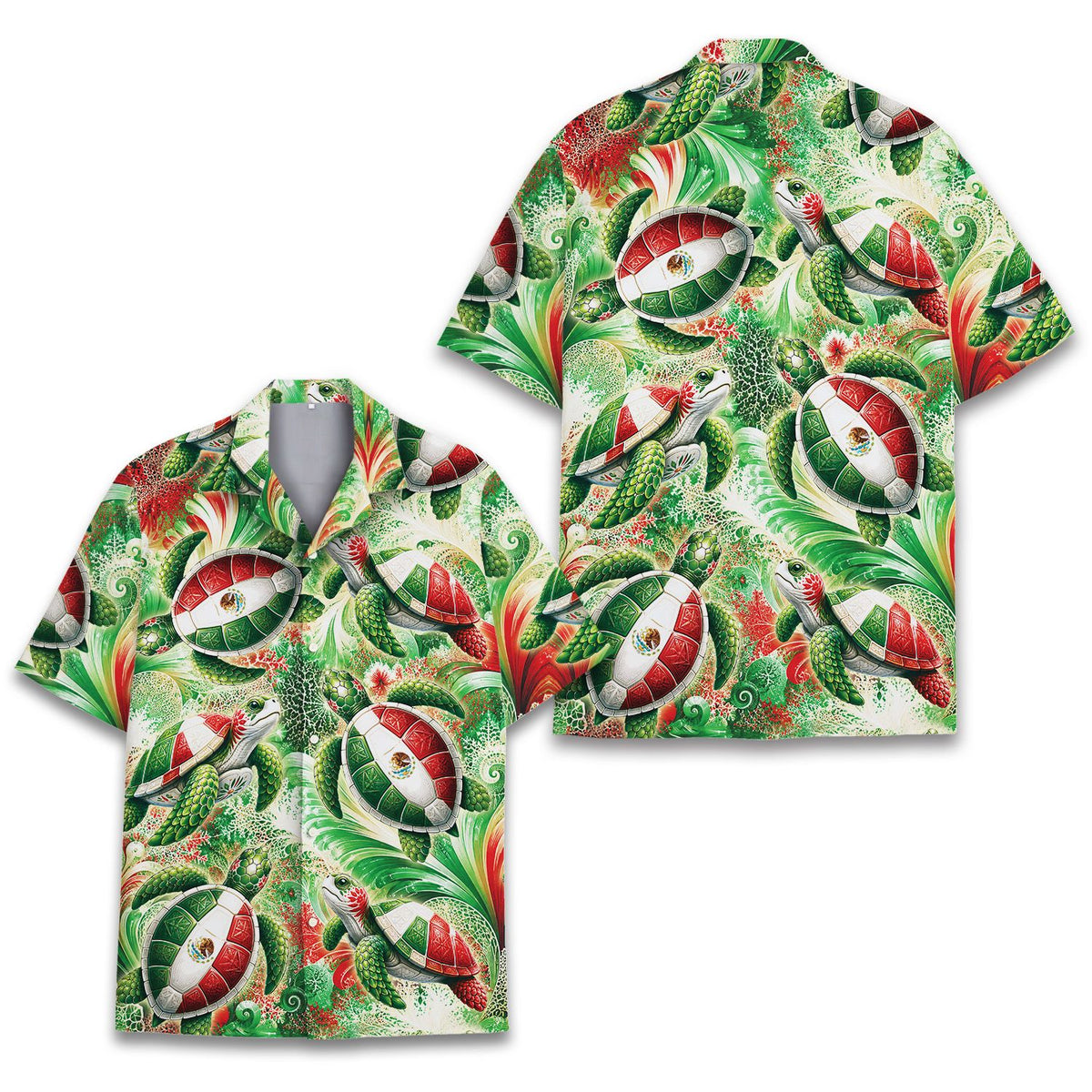 Close-up front view of the tropical floral hawaiian shirt pattern