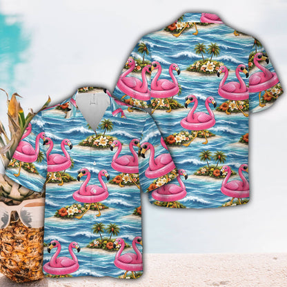 Front view of the polyester tropical hawaiian shirt with sandy island designs