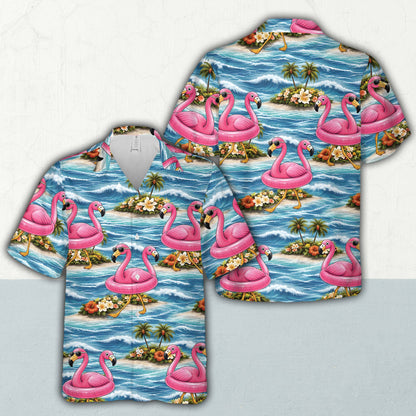 Front view of the vibrant tropical floral hawaiian shirt laid flat