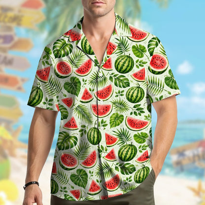 Main front view of the tropical floral hawaiian shirt with watercolor watermelon design