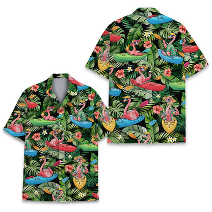 Front view of the matching family hawaiian shirts in green and pink