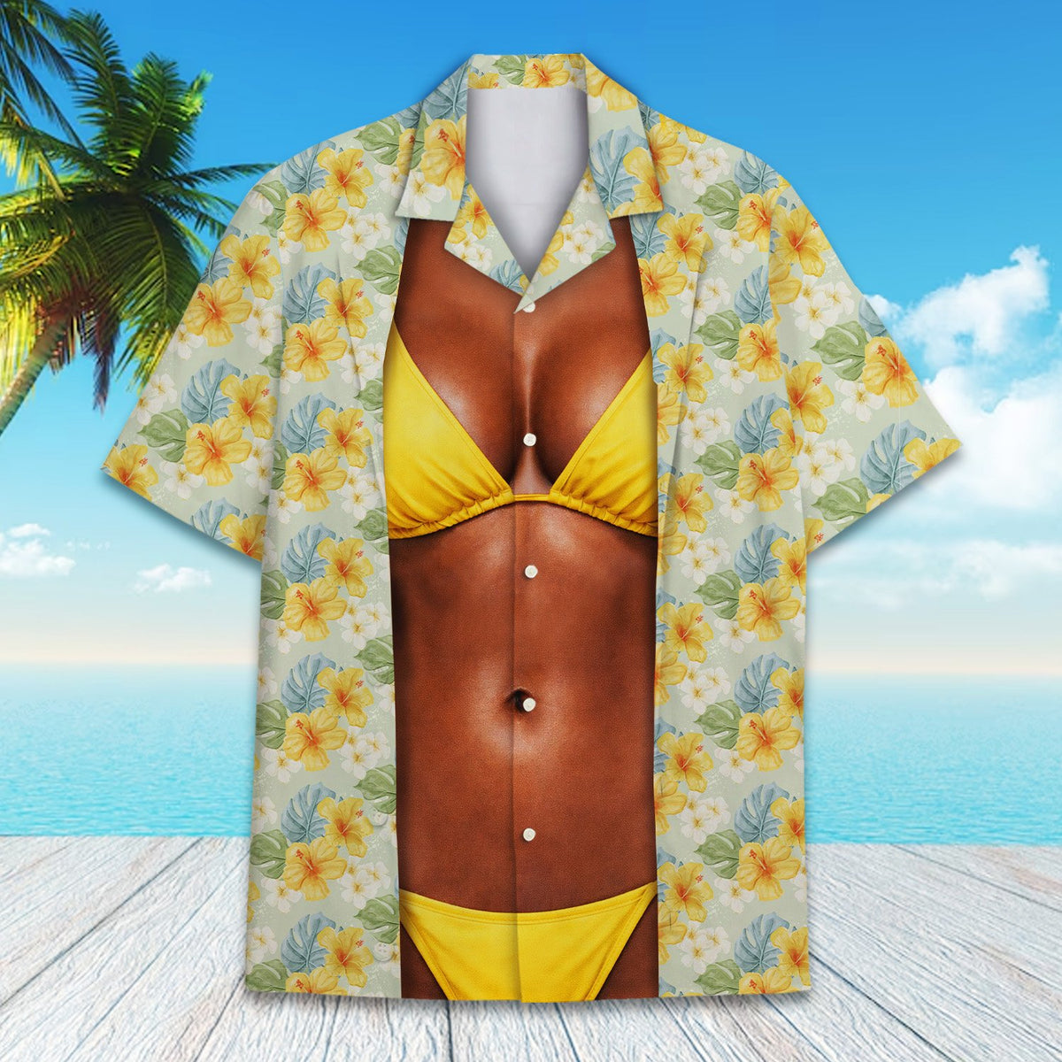 Tropical floral hawaiian shirt with bikini illusion design, front view detail