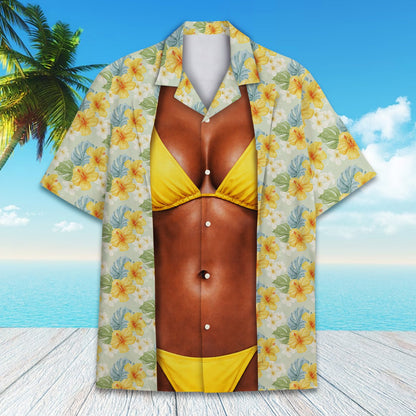 Tropical floral hawaiian shirt with bikini illusion design, front view detail