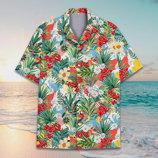 Matching family hawaiian shirts with tropical floral and bird print on white background