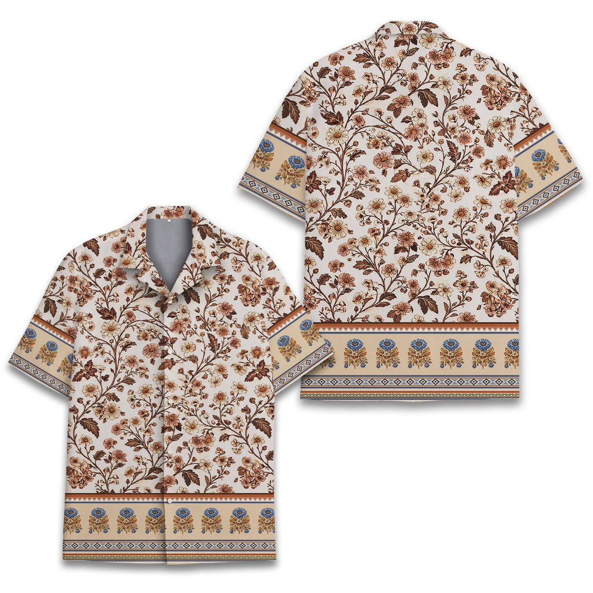 Front view of the matching family hawaiian shirt with floral and blue geometric border details