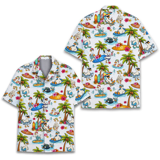 Tropical floral hawaiian shirt with cartoon ducks on a light blue background, main view